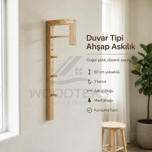 WOODTEKS Masif Ahşap Duvar Askılığı – Askı Çubuklu ve 3 Kancalı Minimal Tasarım
