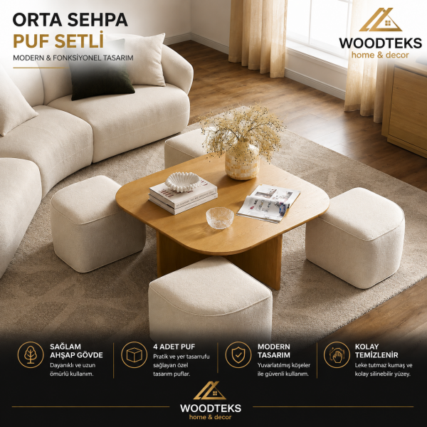 Woodteks 4 Puflu Modern Orta Sehpa Seti – Kişiye Özel Üretim  İSTEDİĞİNİZ ÖLÇÜDE • İSTEDİĞİNİZ RENKTE ÜRETİM