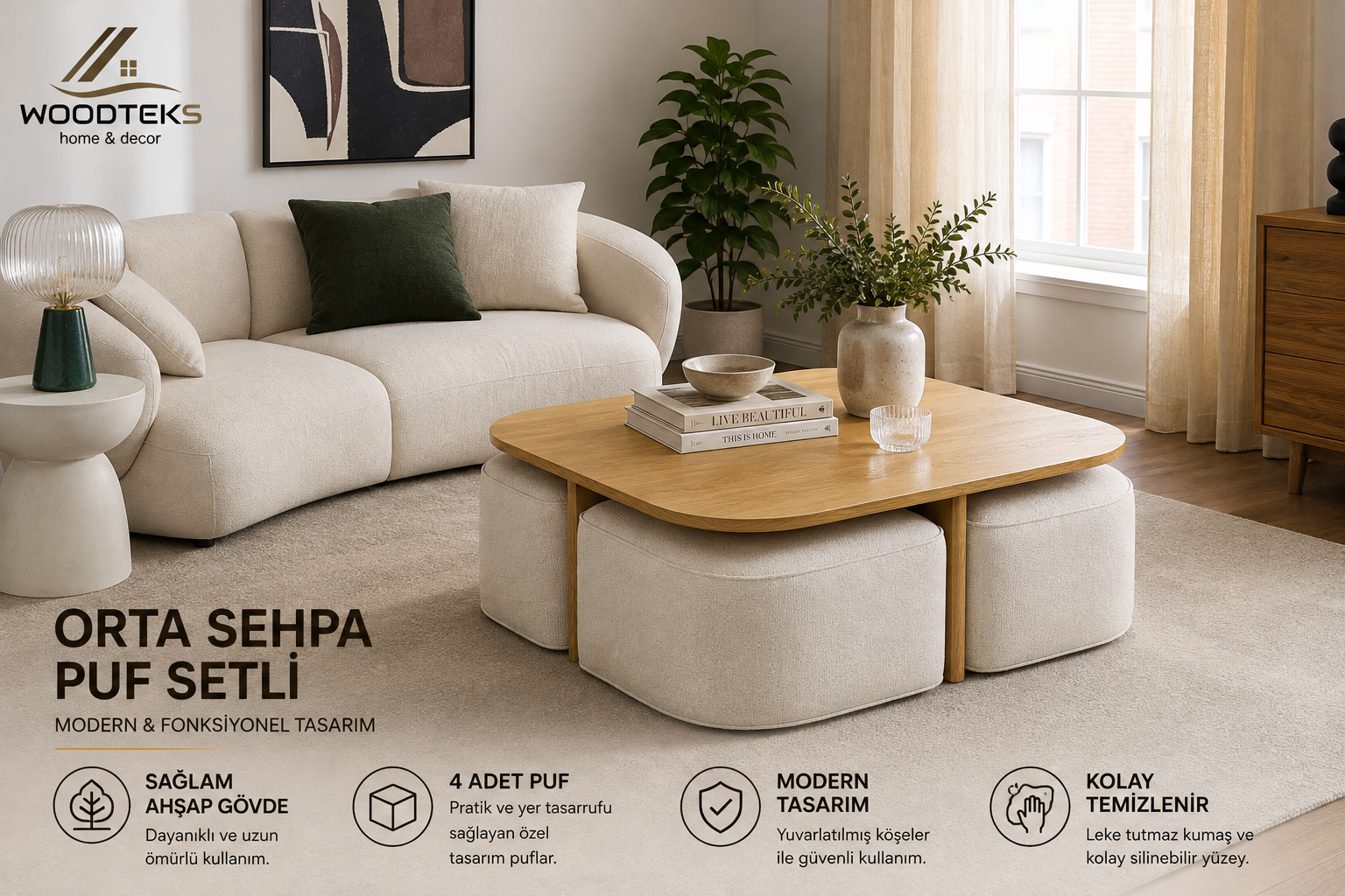 Woodteks 4 Puflu Modern Orta Sehpa Seti – Kişiye Özel Üretim  İSTEDİĞİNİZ ÖLÇÜDE • İSTEDİĞİNİZ RENKTE ÜRETİM