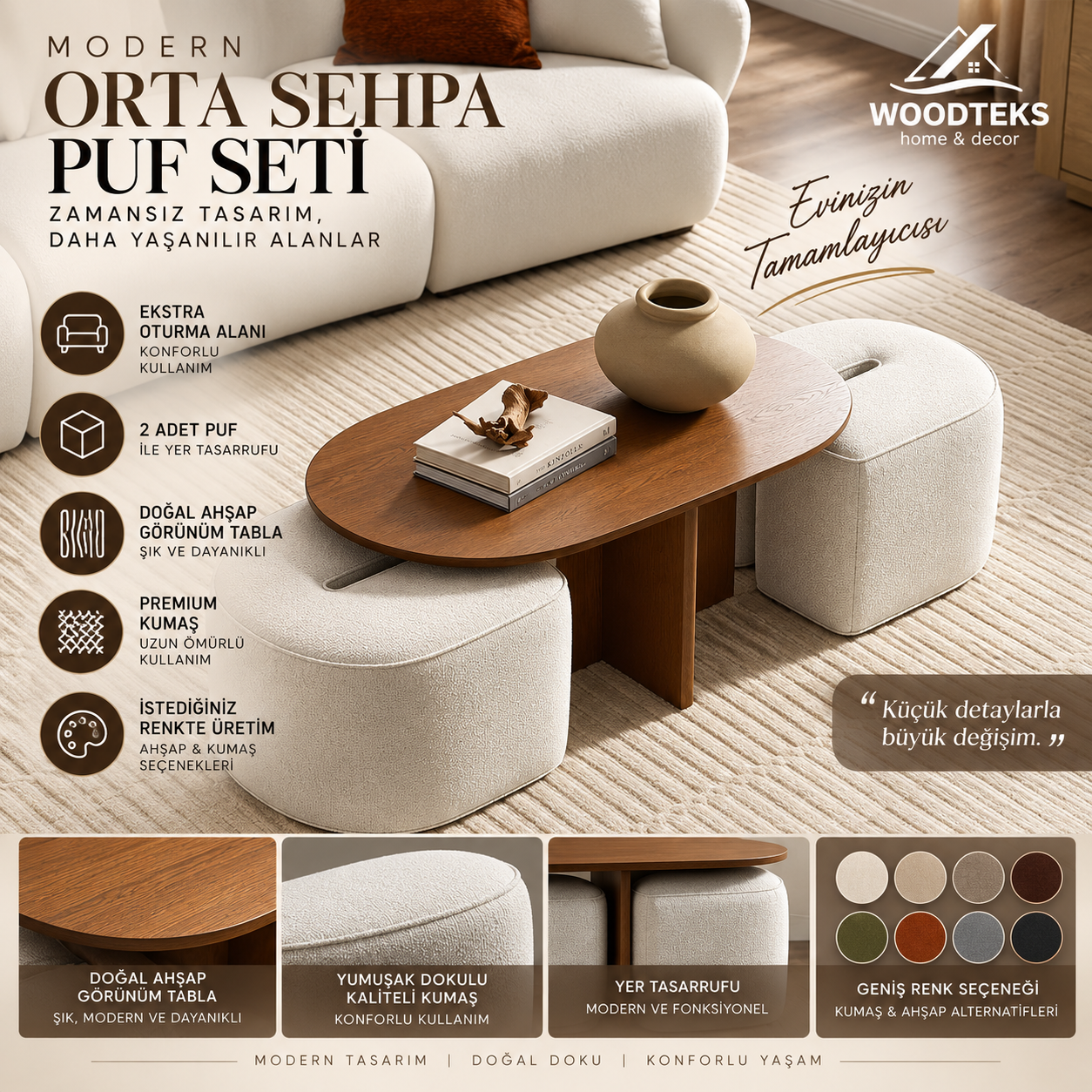 WOODTEKS Modern Orta Sehpa & 2 Puf Takımı – Kişiye Özel Ölçü ve Renk Seçenekli