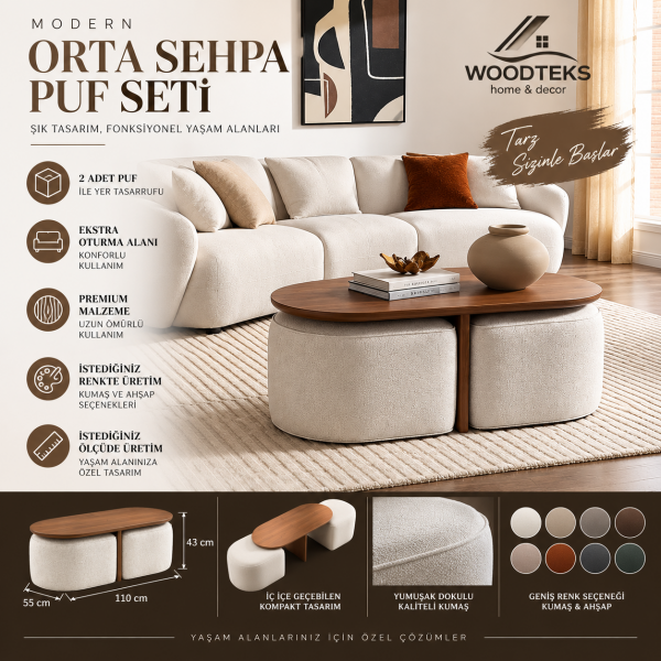 WOODTEKS Modern Orta Sehpa & 2 Puf Takımı – Kişiye Özel Ölçü ve Renk Seçenekli