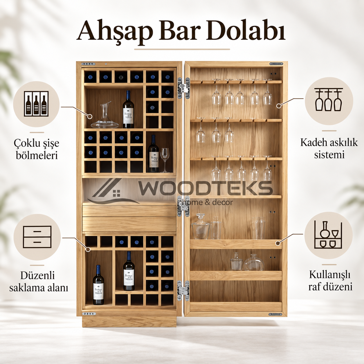 Özel Üretim Ahşap Bar Dolabı | İstenilen Ölçü ve Renkte | WOODTEKS