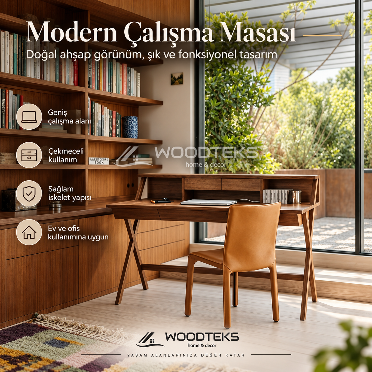 WOODTEKS Raflı Çekmeceli Ahşap Çalışma Masası – İstenilen Ölçü, Renk ve Tasarımda Üretim