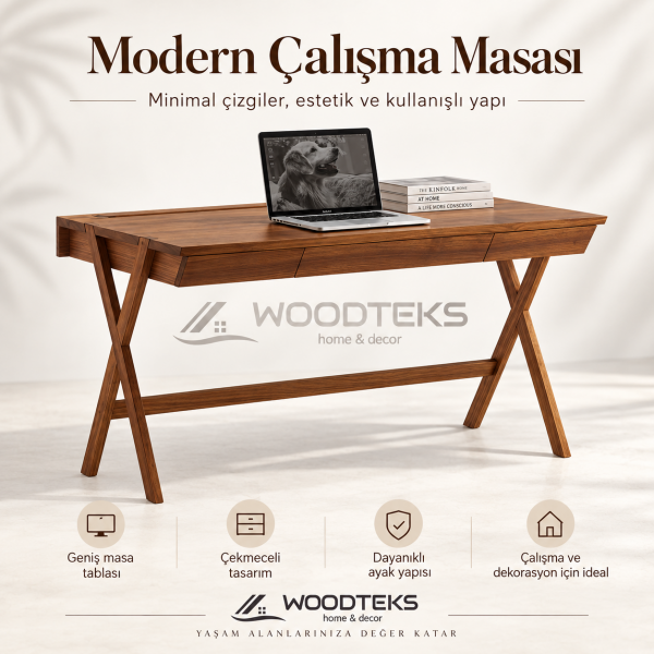 WOODTEKS Raflı Çekmeceli Ahşap Çalışma Masası – İstenilen Ölçü, Renk ve Tasarımda Üretim
