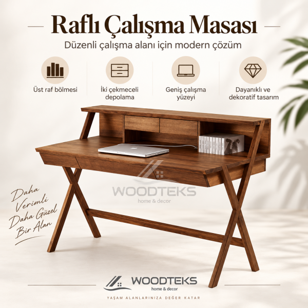 WOODTEKS Raflı Çekmeceli Ahşap Çalışma Masası – İstenilen Ölçü, Renk ve Tasarımda Üretim