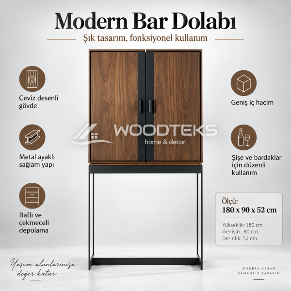 WOODTEKS Modern Bar Dolabı – Ceviz Desenli, Metal Ayaklı, Özel Ölçü ve Renk Seçenekli