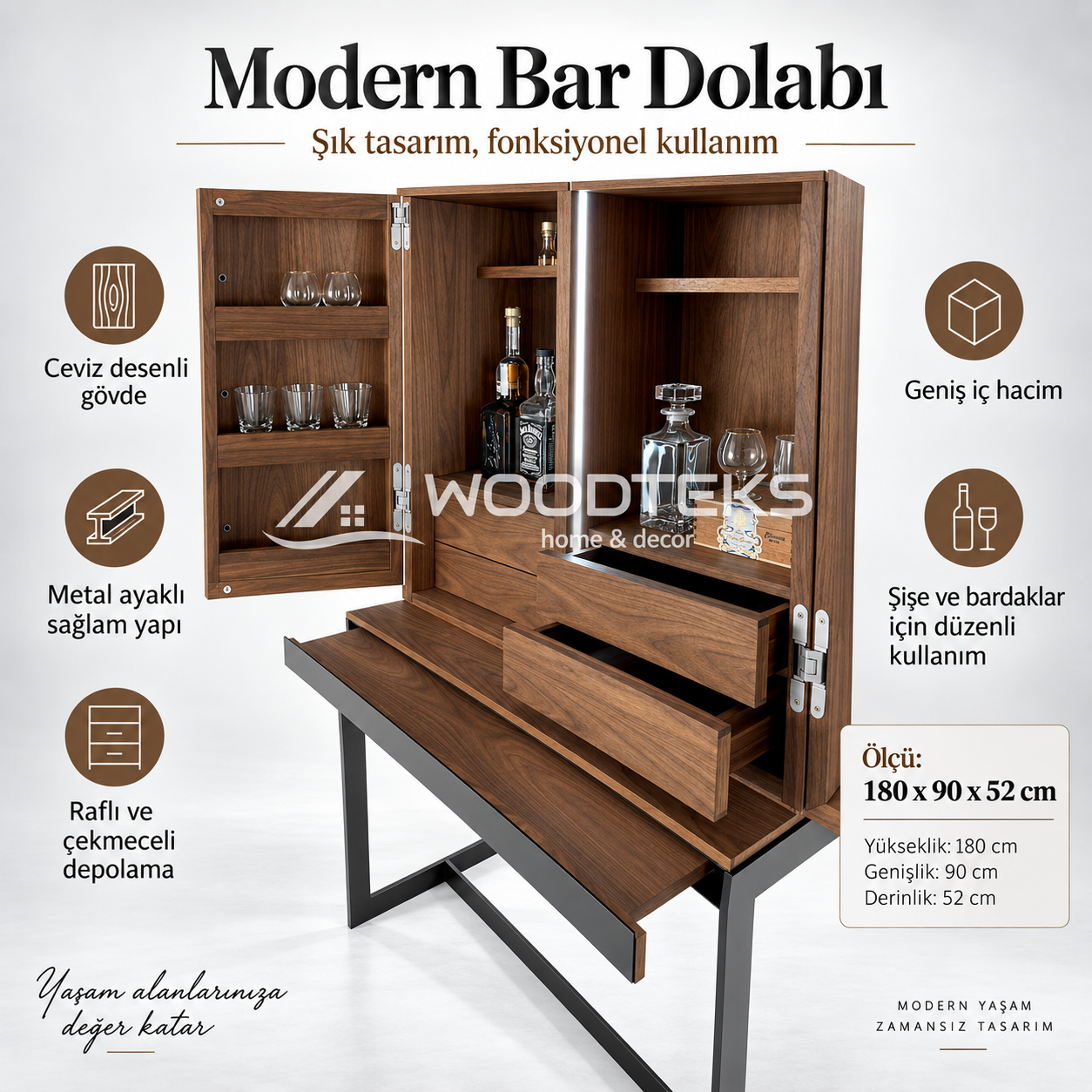 WOODTEKS Modern Bar Dolabı – Ceviz Desenli, Metal Ayaklı, Özel Ölçü ve Renk Seçenekli