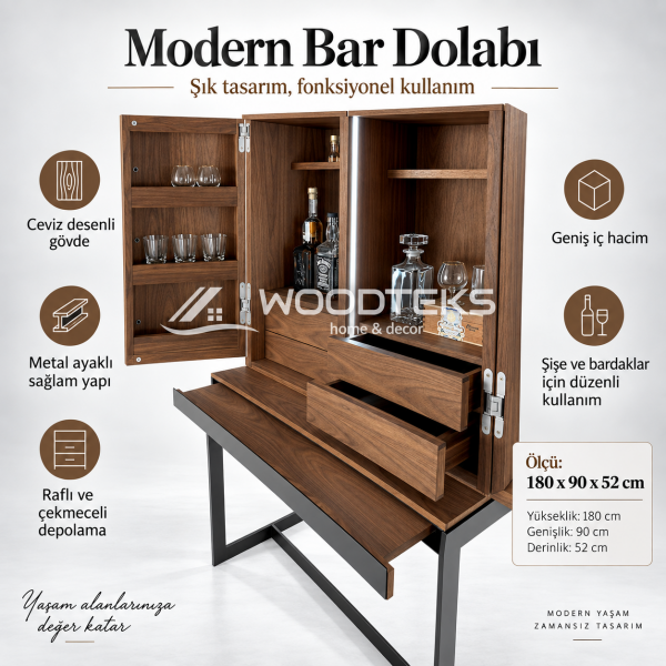 WOODTEKS Modern Bar Dolabı – Ceviz Desenli, Metal Ayaklı, Özel Ölçü ve Renk Seçenekli