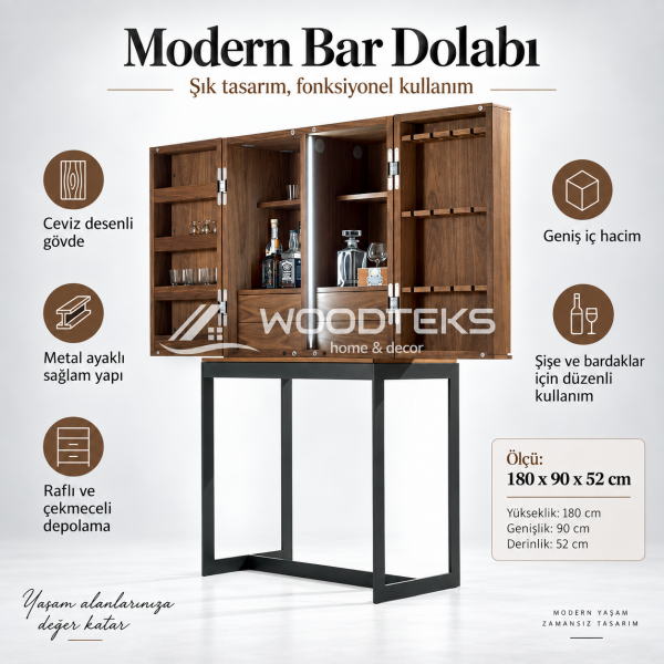 WOODTEKS Modern Bar Dolabı – Ceviz Desenli, Metal Ayaklı, Özel Ölçü ve Renk Seçenekli