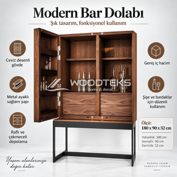WOODTEKS Modern Bar Dolabı – Ceviz Desenli, Metal Ayaklı, Özel Ölçü ve Renk Seçenekli