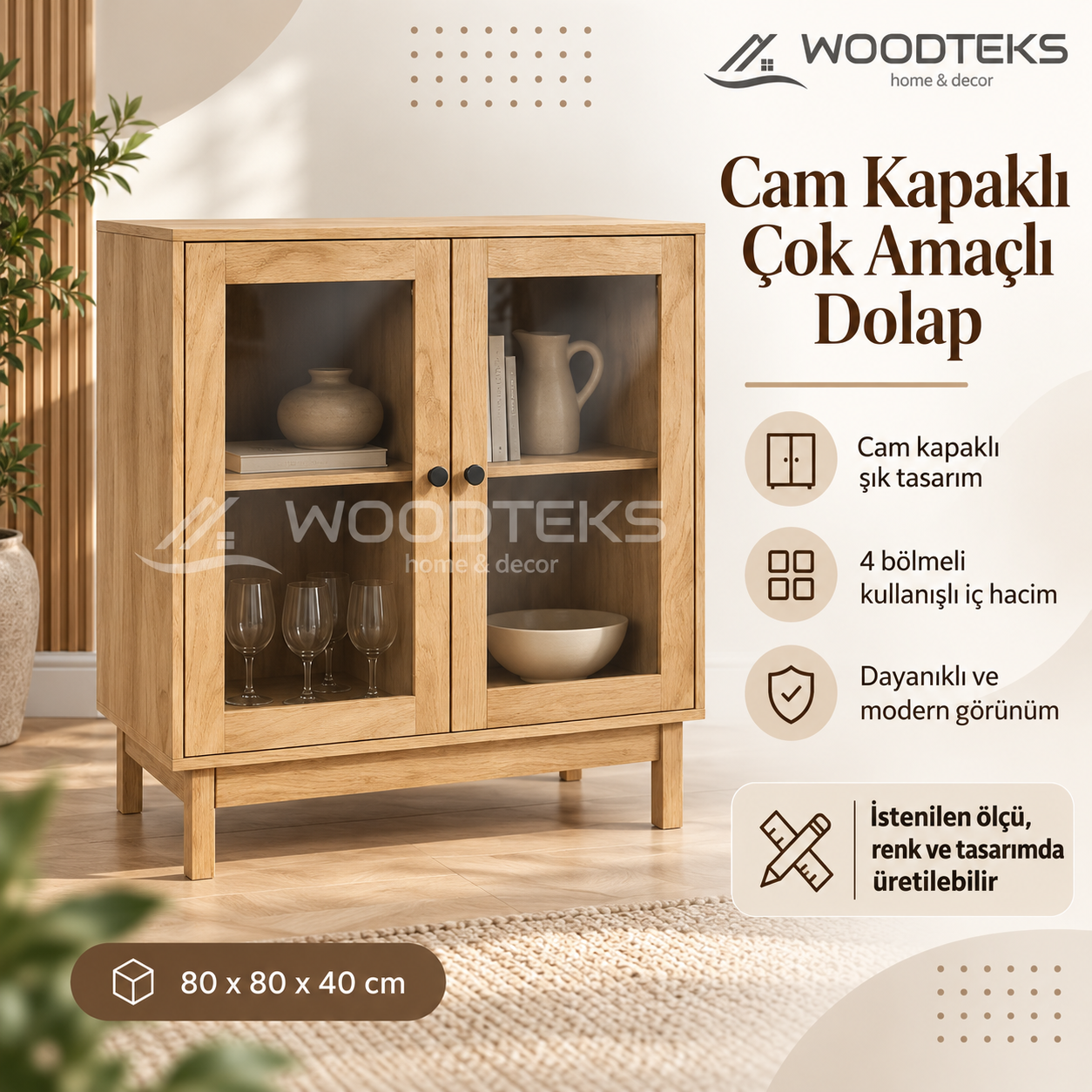 WOODTEKS Cam Kapaklı Çok Amaçlı Dolap – Kişiye Özel Ölçü, Renk ve Tasarım Seçenekli