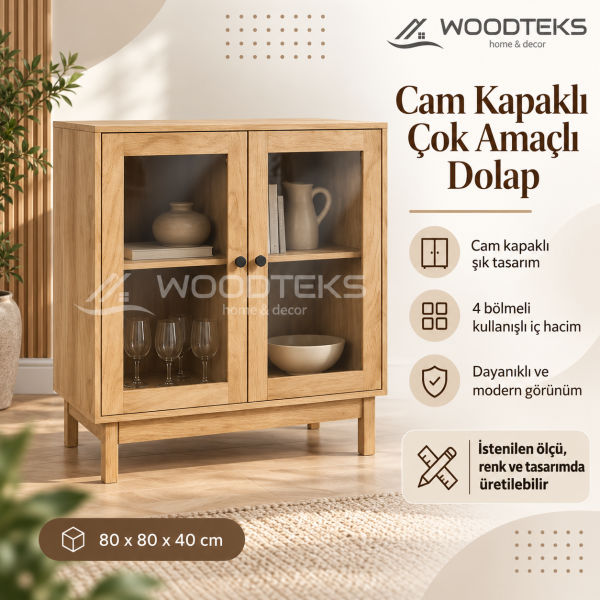 WOODTEKS Cam Kapaklı Çok Amaçlı Dolap – Kişiye Özel Ölçü, Renk ve Tasarım Seçenekli