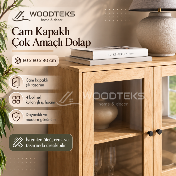 WOODTEKS Cam Kapaklı Çok Amaçlı Dolap – Kişiye Özel Ölçü, Renk ve Tasarım Seçenekli