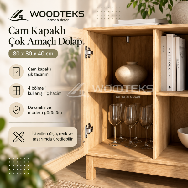 WOODTEKS Cam Kapaklı Çok Amaçlı Dolap – Kişiye Özel Ölçü, Renk ve Tasarım Seçenekli