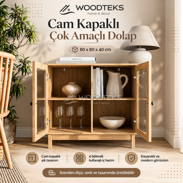 WOODTEKS Cam Kapaklı Çok Amaçlı Dolap – Kişiye Özel Ölçü, Renk ve Tasarım Seçenekli