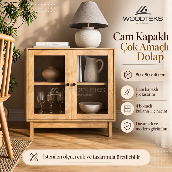 WOODTEKS Cam Kapaklı Çok Amaçlı Dolap – Kişiye Özel Ölçü, Renk ve Tasarım Seçenekli