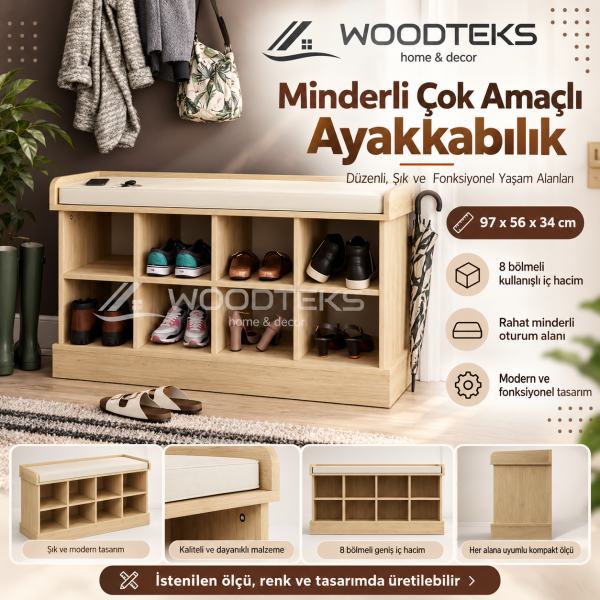 WOODTEKS Minderli Çok Amaçlı Ayakkabılık – 8 Bölmeli, Kişiye Özel Ölçü ve Renk Seçenekli