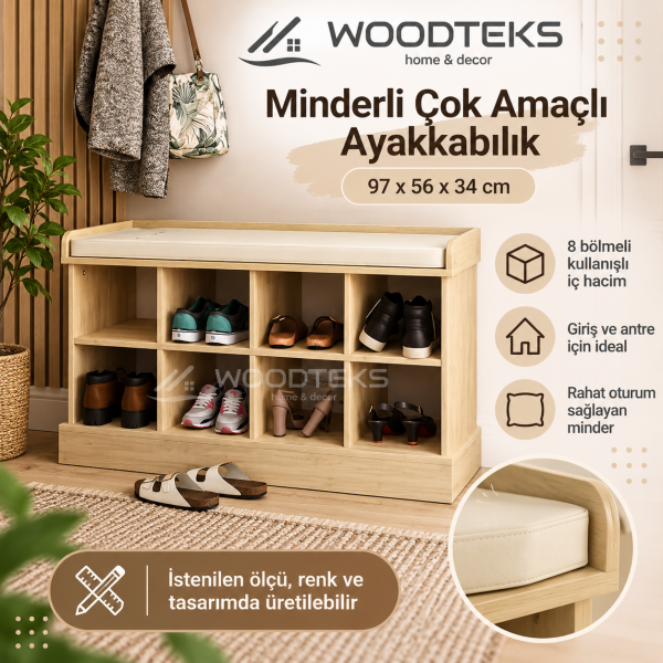 WOODTEKS Minderli Çok Amaçlı Ayakkabılık – 8 Bölmeli, Kişiye Özel Ölçü ve Renk Seçenekli