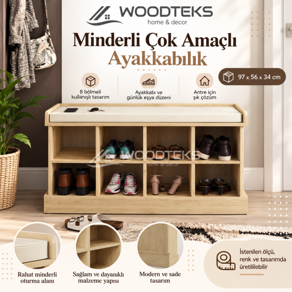 WOODTEKS Minderli Çok Amaçlı Ayakkabılık – 8 Bölmeli, Kişiye Özel Ölçü ve Renk Seçenekli