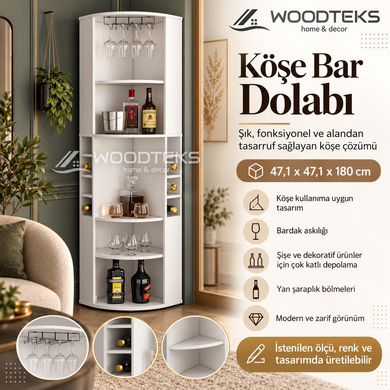 WOODTEKS Modern Köşe Bar Dolabı – Kadehlik ve Şaraplık Bölmeli, Kişiye Özel Üretim