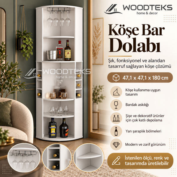 WOODTEKS Modern Köşe Bar Dolabı – Kadehlik ve Şaraplık Bölmeli, Kişiye Özel Üretim