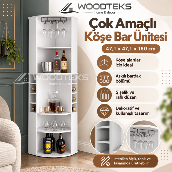 WOODTEKS Modern Köşe Bar Dolabı – Kadehlik ve Şaraplık Bölmeli, Kişiye Özel Üretim