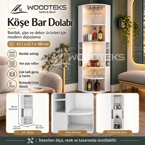 WOODTEKS Modern Köşe Bar Dolabı – Kadehlik ve Şaraplık Bölmeli, Kişiye Özel Üretim