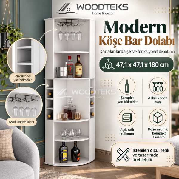 WOODTEKS Modern Köşe Bar Dolabı – Kadehlik ve Şaraplık Bölmeli, Kişiye Özel Üretim
